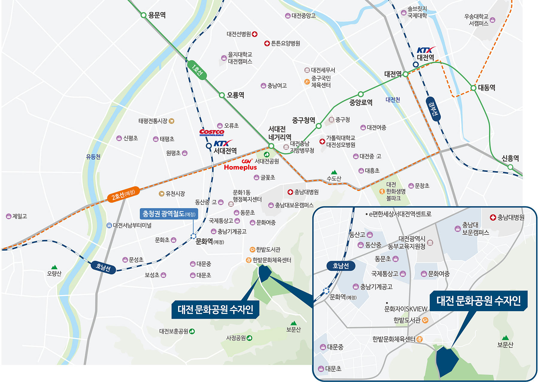 대전 문화공원 수자인 KTX 서대전역 인접, 충청권 광역철도 예정 2호선 트램(예정), 1호선, 유등천, 중앙로역 인근 홈플러스, 코스트코, CGV, 대전서남부터미널 생활 인프라 한밭도서관, 한밭유소년센터, 문화체육센터, 대전문화공원 등 편리한 교육·문화시설 대전역, 서대전역, 오룡역, 용문역 등 접근성 우수한 교통망